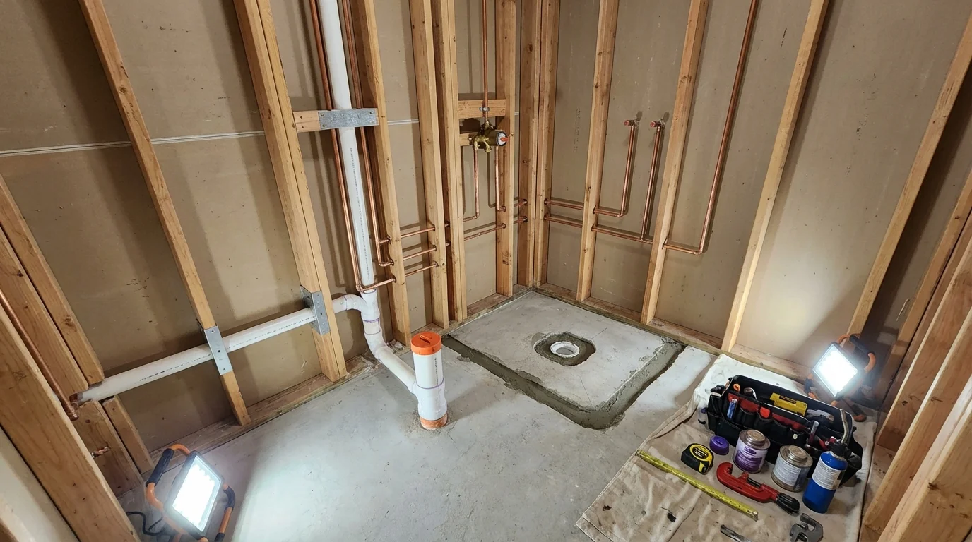 Bathroom rough-in plumbing during remodel by Johns Plumbing LLC in Eagle Lake