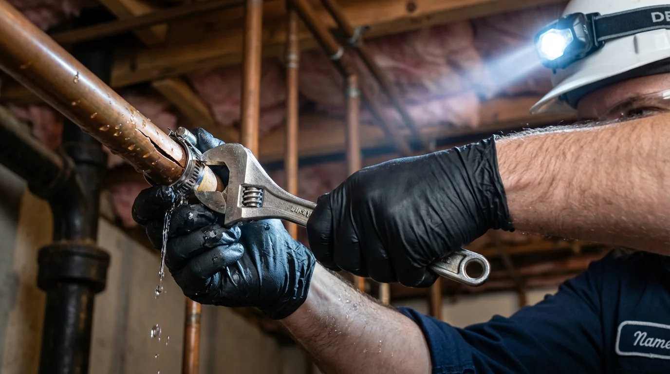 Emergency pipe clamp repair being performed by a Johns Plumbing LLC plumber in Eagle Lake