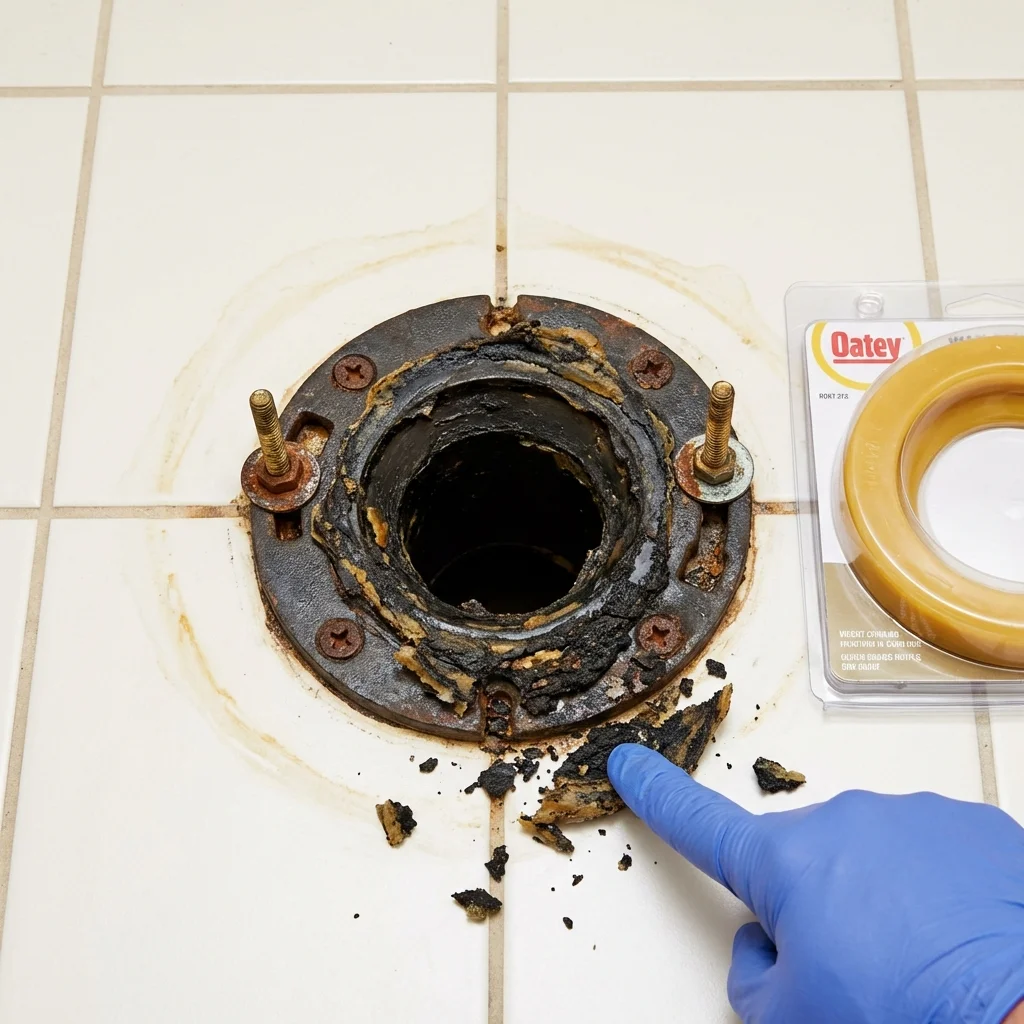 Failed wax ring showing water seepage at the base of a toilet in a Eagle Lake, MN home