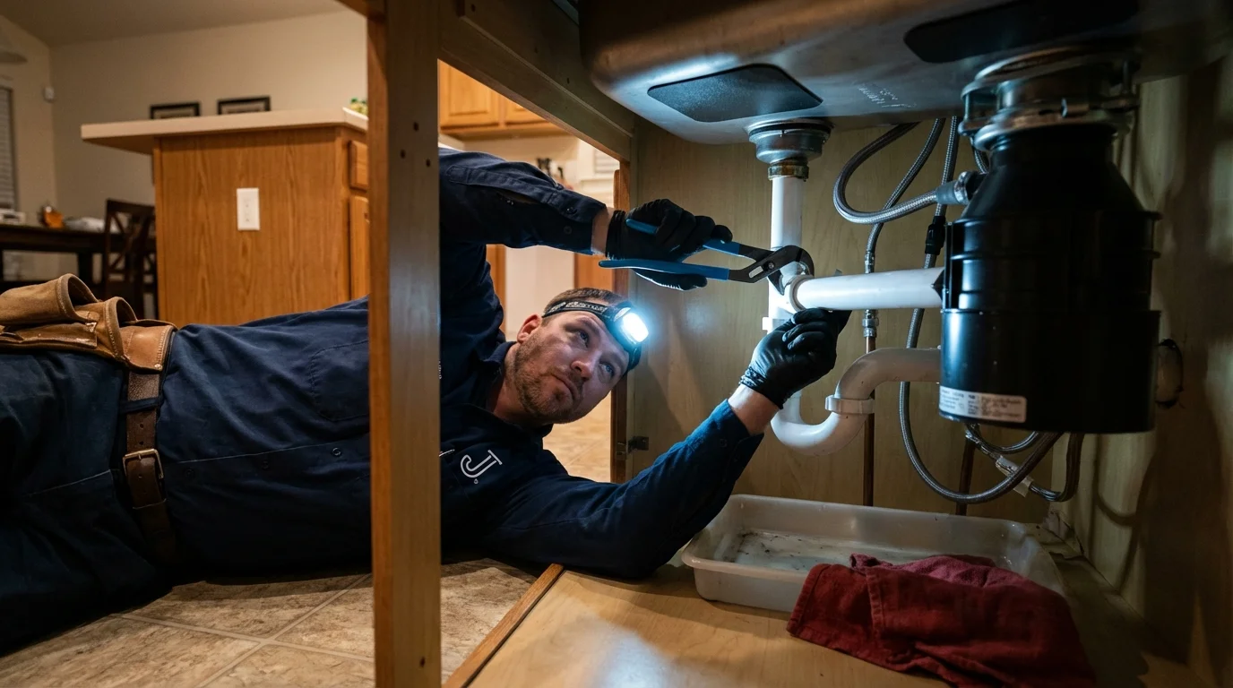 P-trap and supply line connections under a kitchen sink showing a common leak point in Eagle Lake, MN